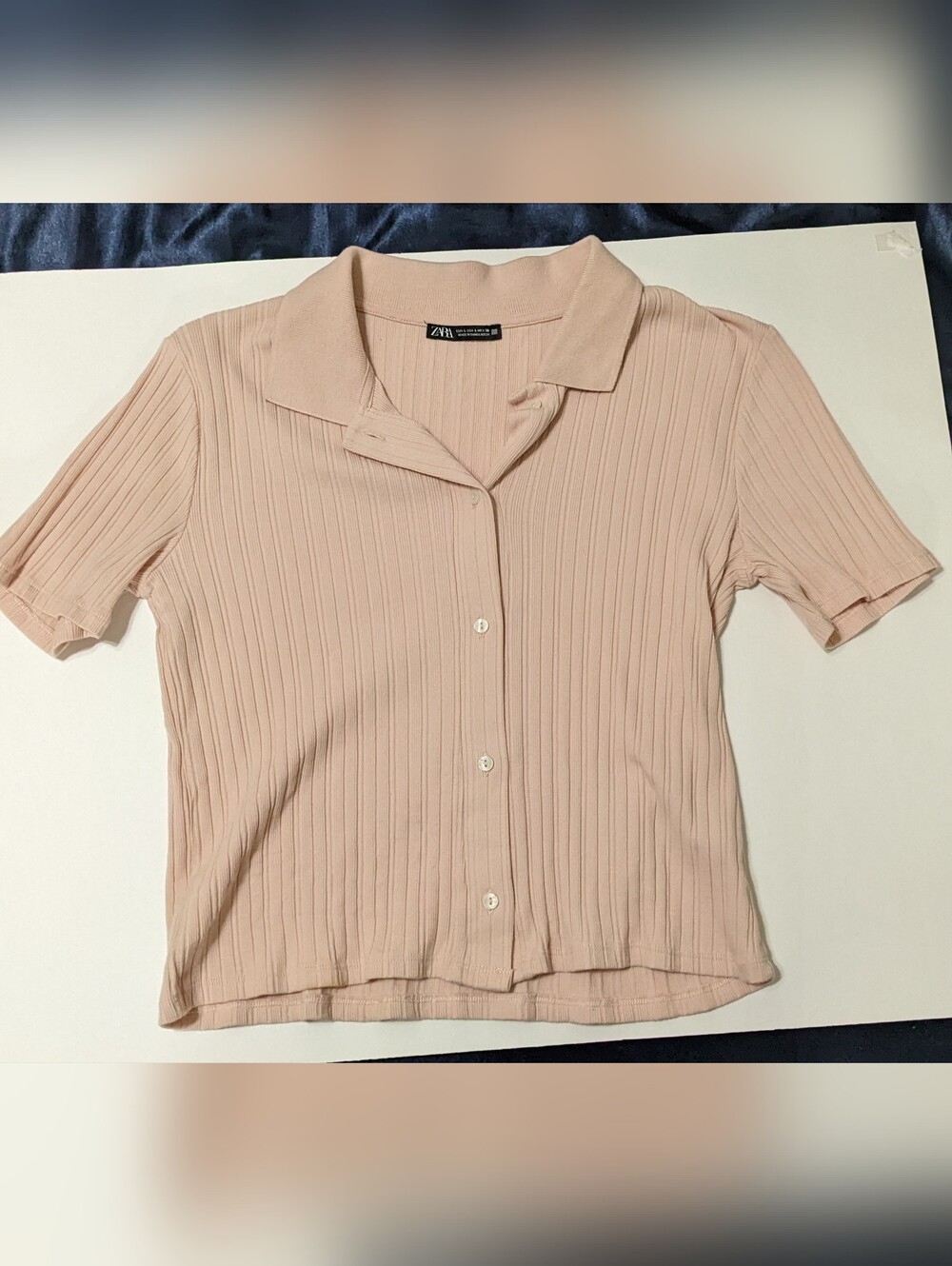 Zara Button-Front Ribbed Polo Top in Light Blush